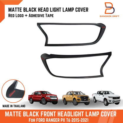 Matte Black Red Logo Headlight Lamp Cover Trim for Ford Ranger (2015-2021)