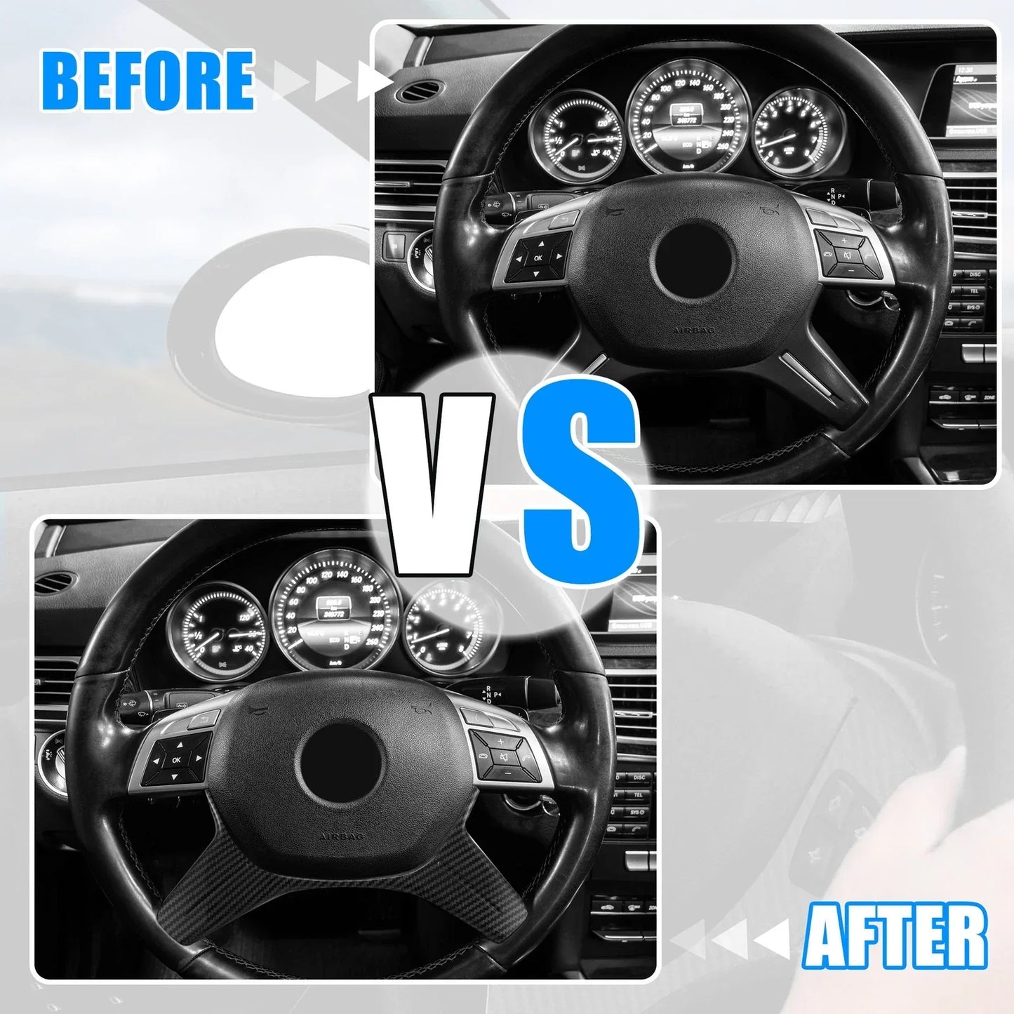 Carbon Fiber Pattern Black Steering Wheel Cover Trim for Mercedes Benz