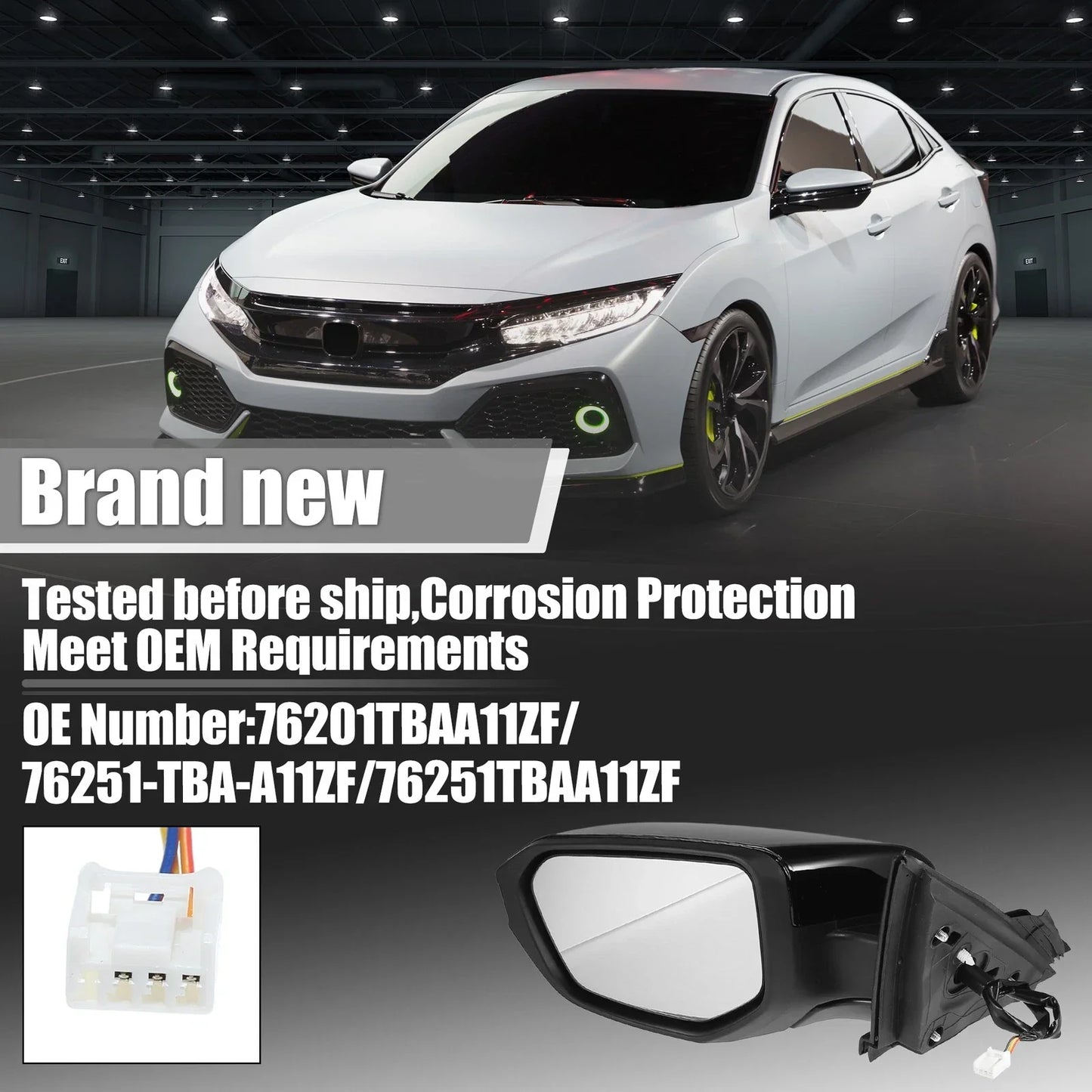 3 Pin Left Side Exterior Door Mirror Assembly Black for Honda Civic (2016-2021)