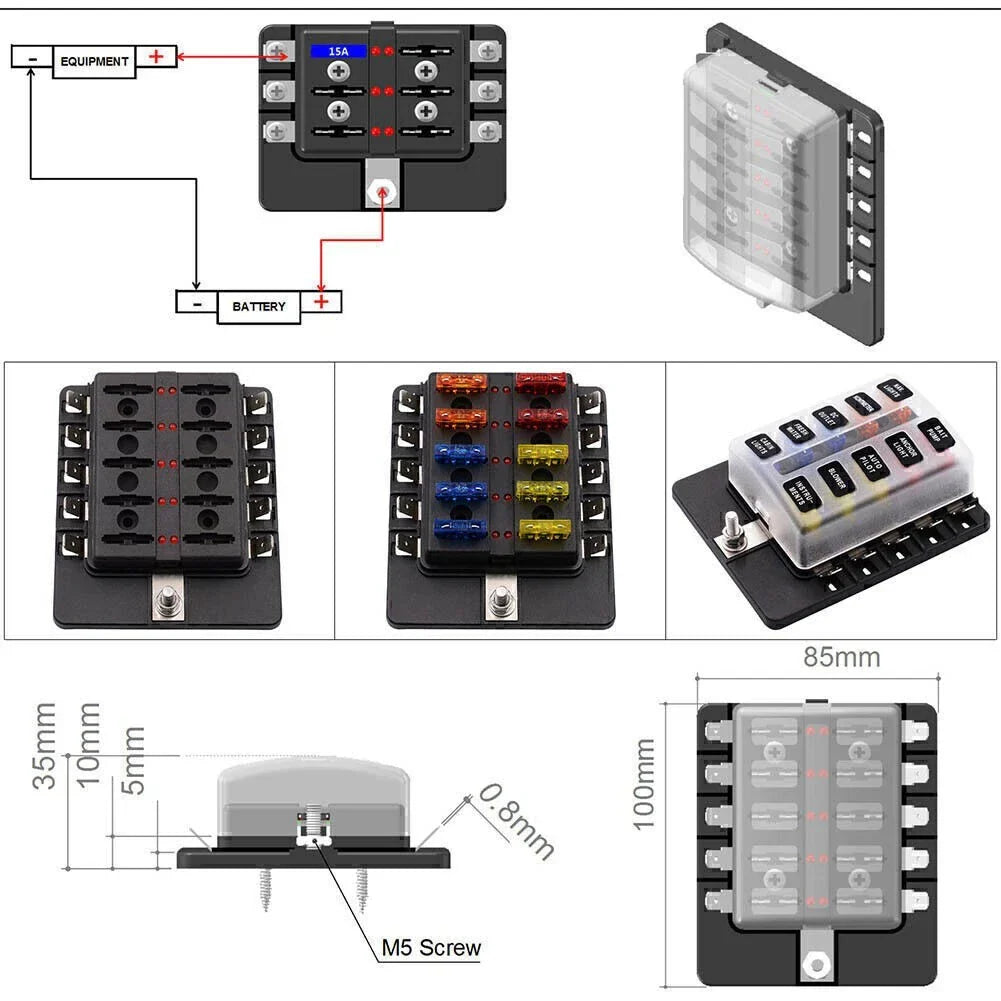10 Way Circuit ATO ATC Blade LED Fuse Box Block Holder for Car