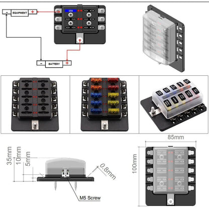 10 Way Circuit ATO ATC Blade LED Fuse Box Block Holder for Car