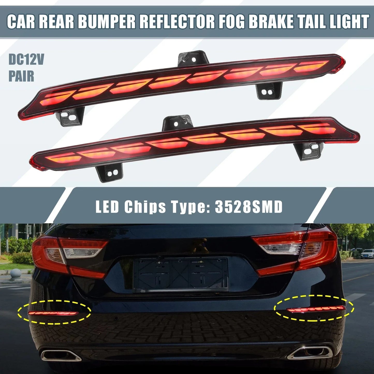2 x Rear Bumper Reflector LED Brake Turn Signal Lights for Honda Accord (2018-2022)