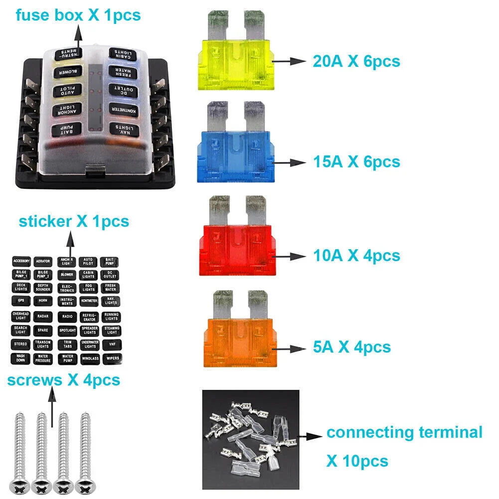 10 Way Circuit ATO ATC Blade LED Fuse Box Holder for Car