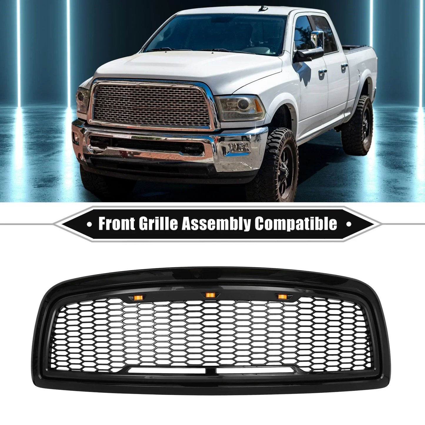 Front Grille Assembly with LED Lights for Dodge Ram 3500 (2010) Gloss Black
