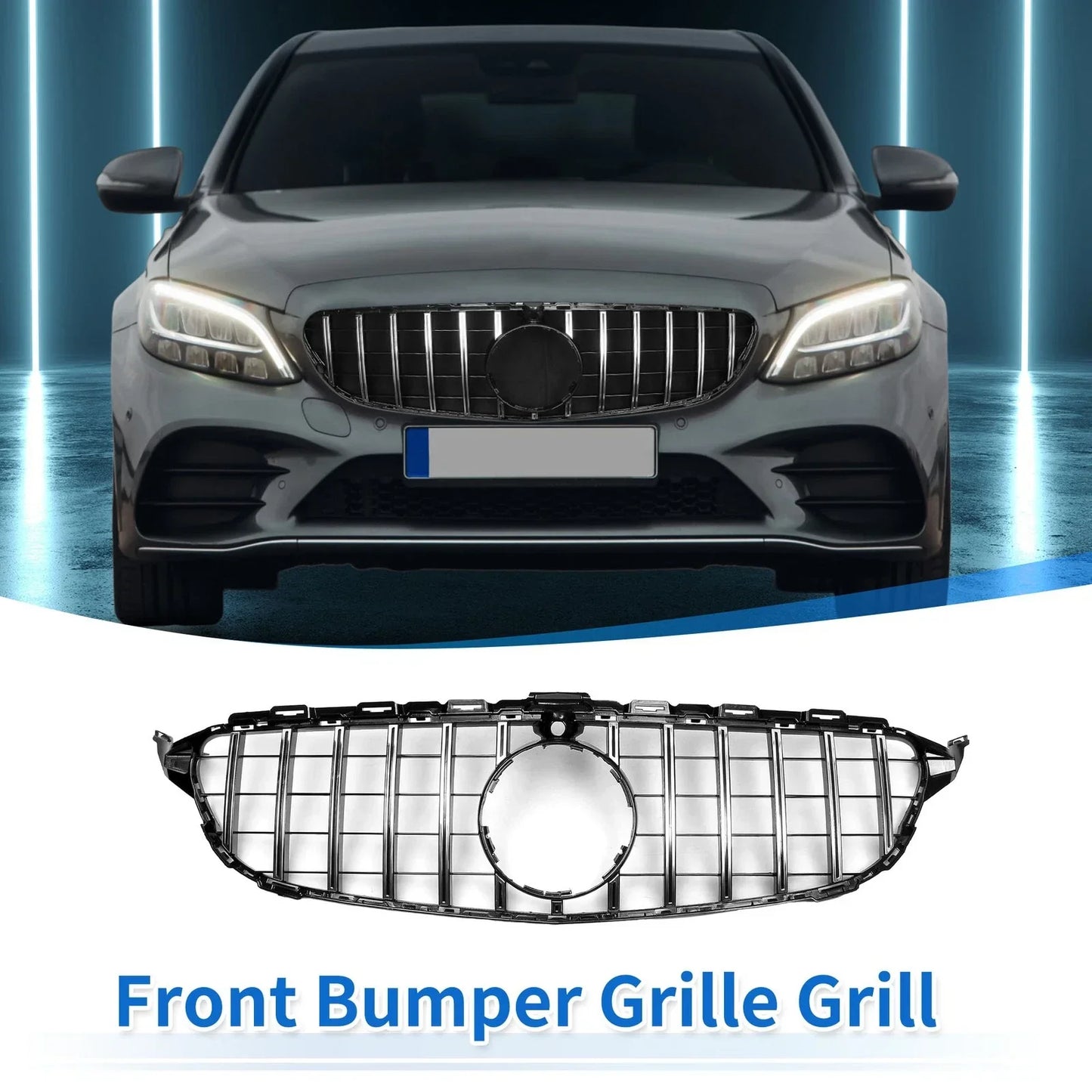 Front Upper Bumper Grille for Mercedes-Benz C250 (2012-2015) Black Chrome