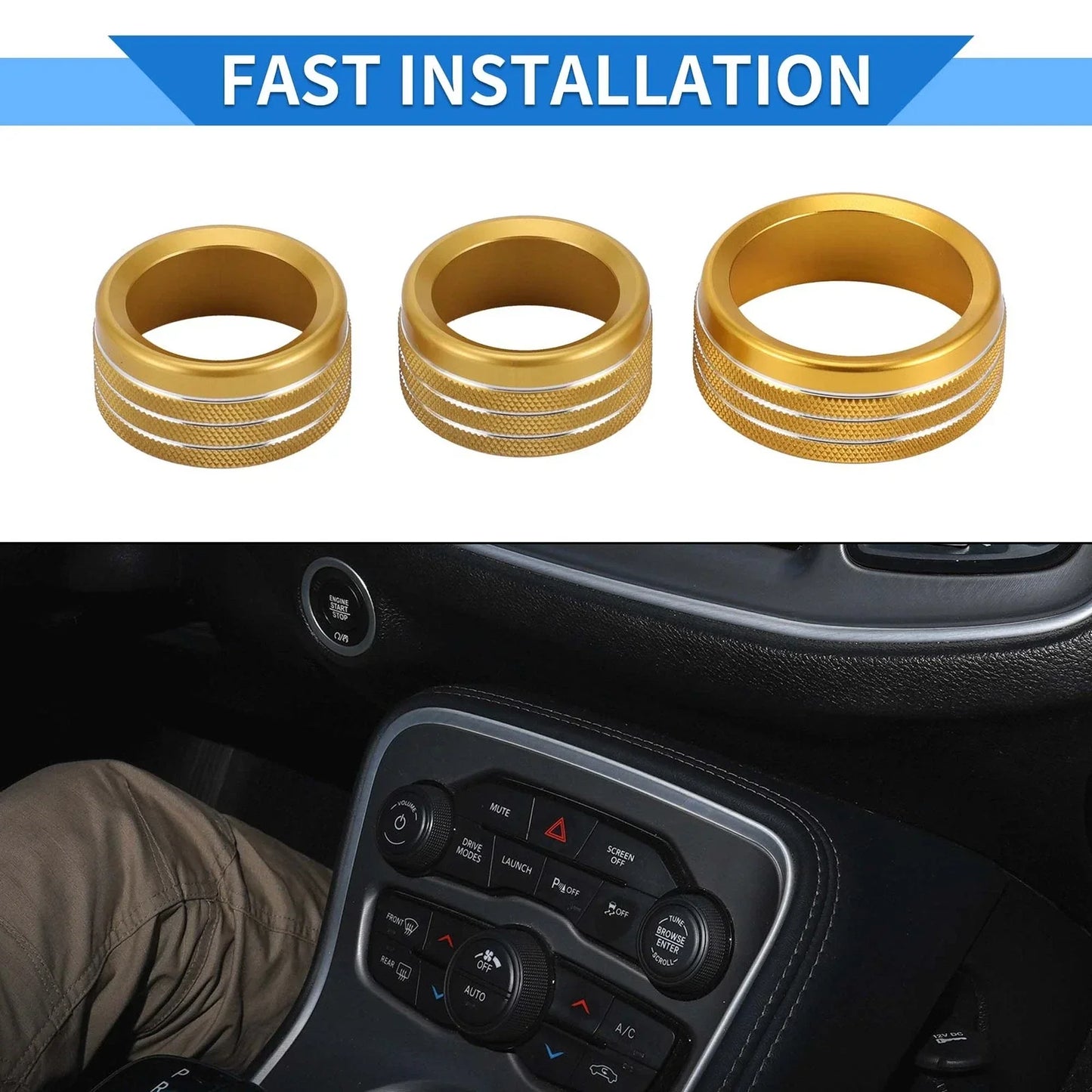 AC Media Tune Switch Knob Cover Ring for Dodge Challenger (2015-2019) - 3 x Gold Tone