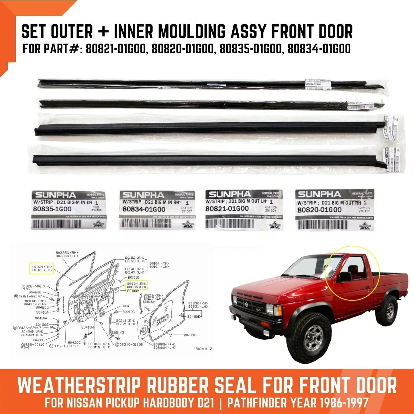 Front Door Weatherstrip Seal for Nissan Navara D21 (1987-1996)