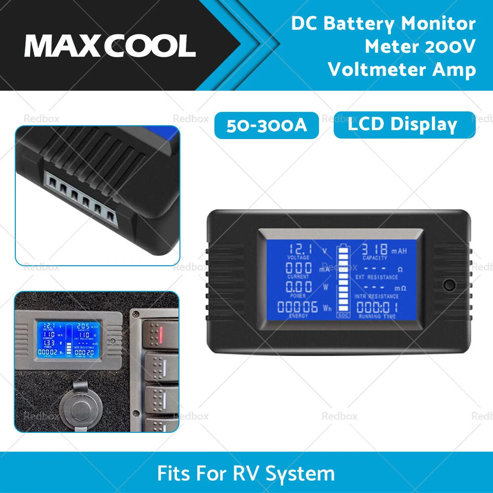 50-300A LCD Display 200V DC Battery Monitor Meter for RV System