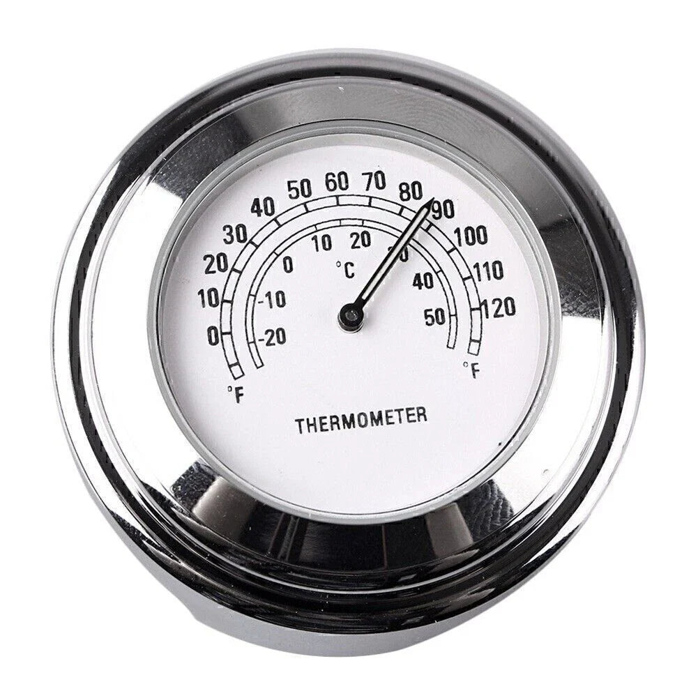 7/8" Handlebar Temp Dial Clock Thermometer for Motorcycle Chrome White