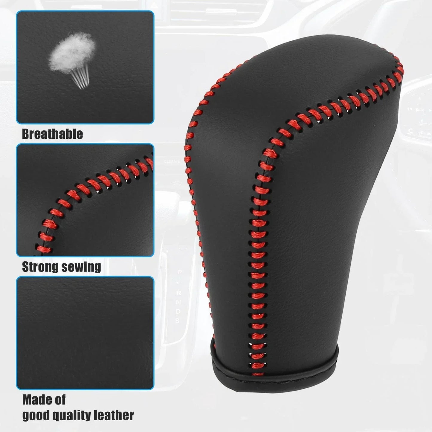 Black Gear Shift Knob Cover for Honda Accord 2018-2022 with Red Stitches