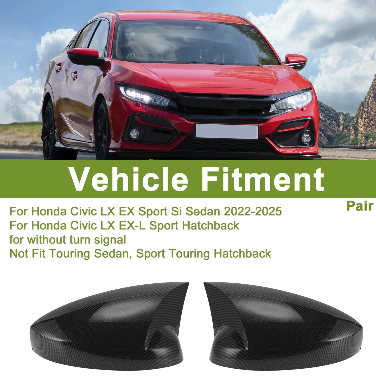 Mirror Cover Cap Replacement Black for Honda Civic LX EX Sport Si (2016-2021)