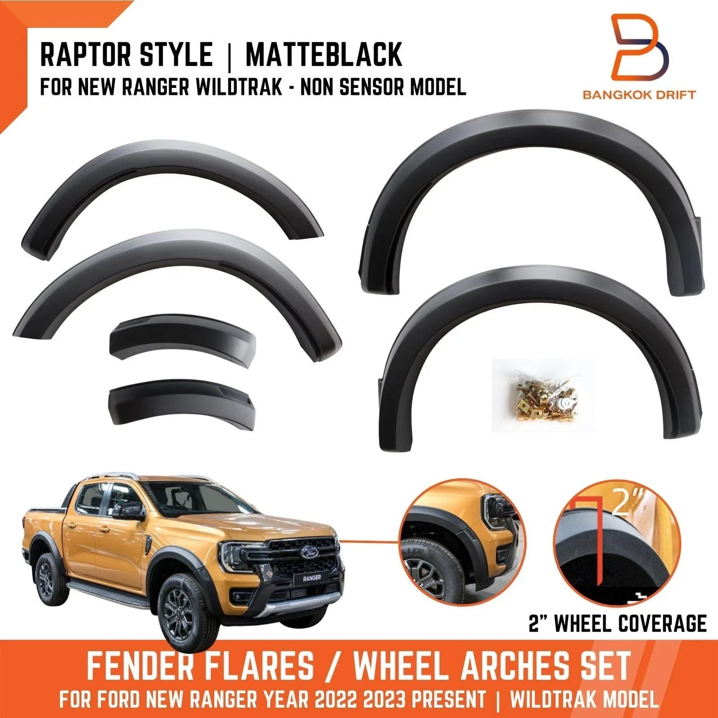 Raptor Style Matte Black Fender Flares for Ford Ranger 2022-2023