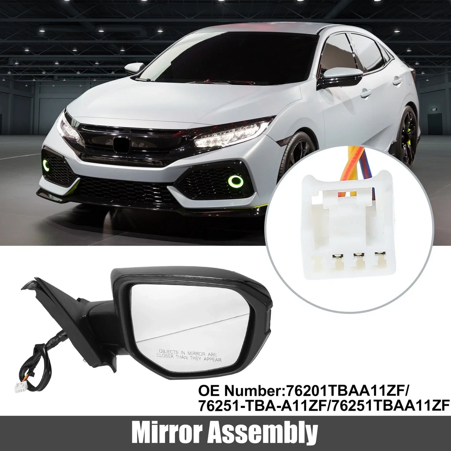 3 Pin Right Side Exterior Door Mirror Assembly Black for Honda Civic (2016-2021)
